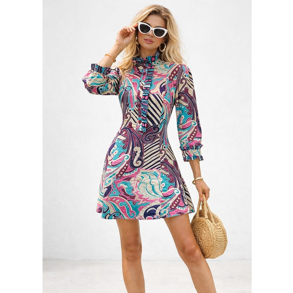 Vtg Brazilian BY Word Multi Psychedelic Ruffle Mini Dress Size S Mod Boho Retro